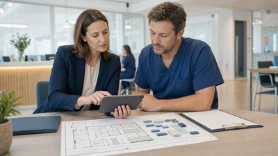 Gesundheitsmanagerin plant Klinikabläufe mit einem Kollegen