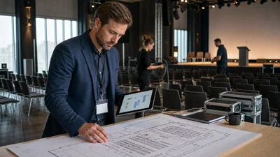 Eventmanager koordiniert den Aufbau einer Fachveranstaltung
