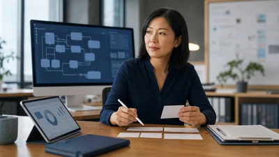 IT-Managerin verbindet technische Systeme mit Geschäftsplanung