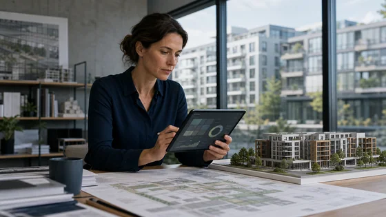 Immobilienmanagerin bewertet ein Bau- und Bestandsprojekt